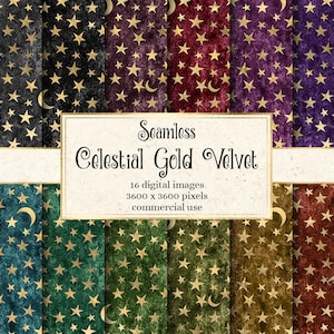 Celestial Gold Velvet Digital Paper, seamless printable scrapbook paper, gold star patterns