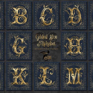 Blue Gilded Alphabet Clipart, Antique Monogram Graphics (Digital Download)
