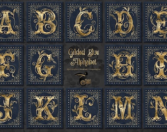Imágenes prediseñadas del alfabeto azul dorado, gráficos de monogramas antiguos (descarga digital)