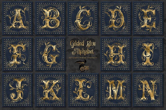 Blue Gilded Alphabet Clipart, Antique Monogram Graphics (Digital Download)