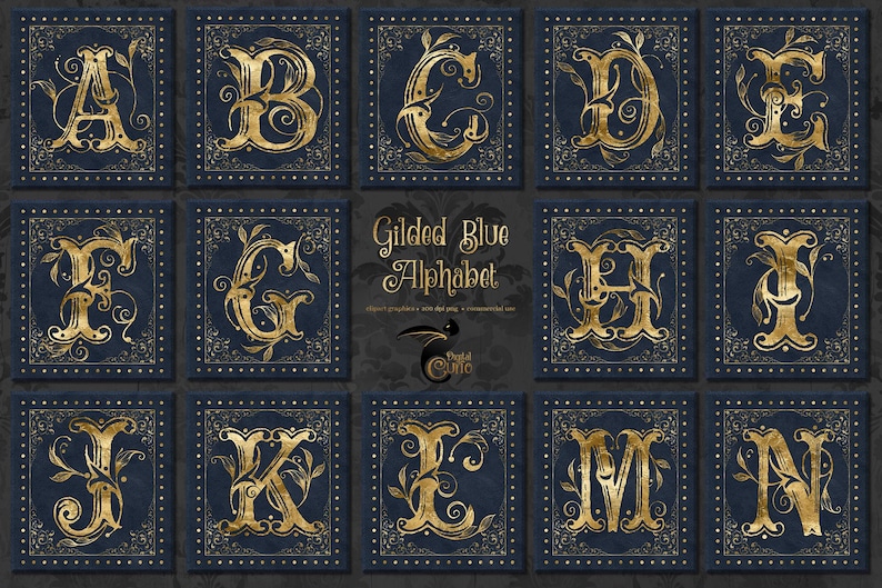 Clipart dell'alfabeto dorato blu, grafica monogramma antico (download digitale) immagine 1