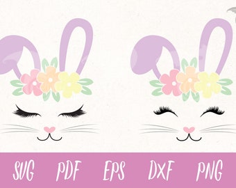 Bunny Faces SVG, Easter bunnu svg, Eyelashes svg, rabbit clipart, Cricut, Cameo, Cut file, Clipart, Svg, DXF, Png, Pdf, Eps