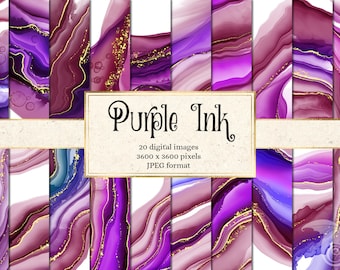 Purple Alcohol Ink Digital Paper, Gold Texture Backgrounds (Digital Download)