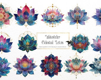 Watercolor Celestial Lotus Clipart, Illustrations in PNG format