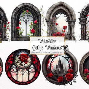 Puede incluir: Ilustraciones de acuarela de ventanas góticas con rosas rojas y enredaderas. Las ventanas son de varias formas y tamaños, algunas con vidrieras y otras con vidrio transparente. El texto "Watercolor Gothic Windows" está escrito en una fuente decorativa.