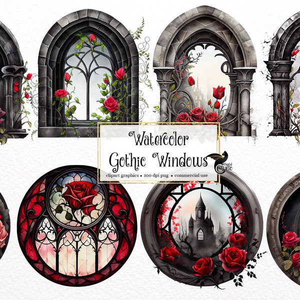 Watercolor Gothic Windows Clipart - dark fantasy watercolor PNG format instant download for commercial use