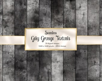 May include: A set of 20 seamless gray grunge textures. Each texture is 3600 x 3600 pixels and is in JPEG format.