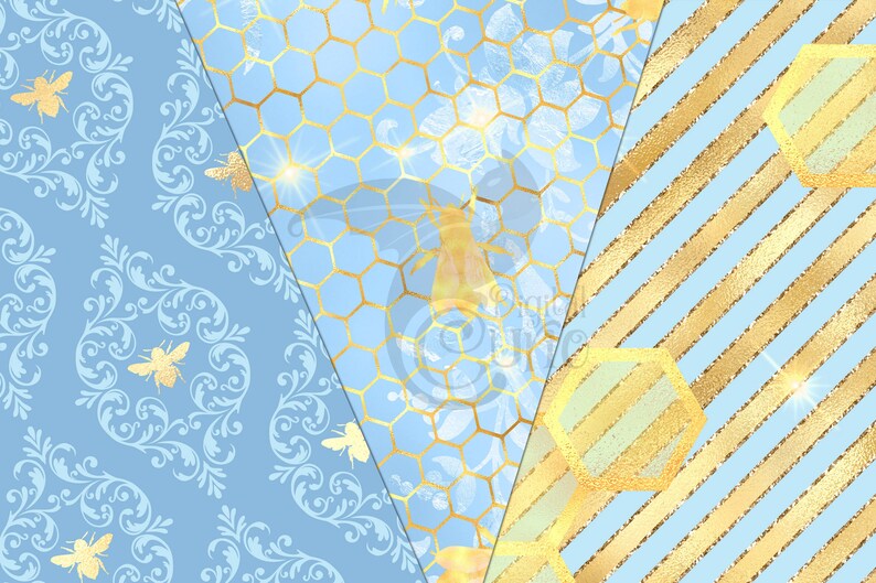 Blue and Gold Bee Digital Paper Baby Blue and Gold Honey Bee Etsy