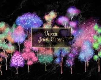 Unicorn Forest Trees Clip Art, Pastel Rainbow PNG graphics, magic sparkling fantasy fairy tale clipart, watercolor trees digital download