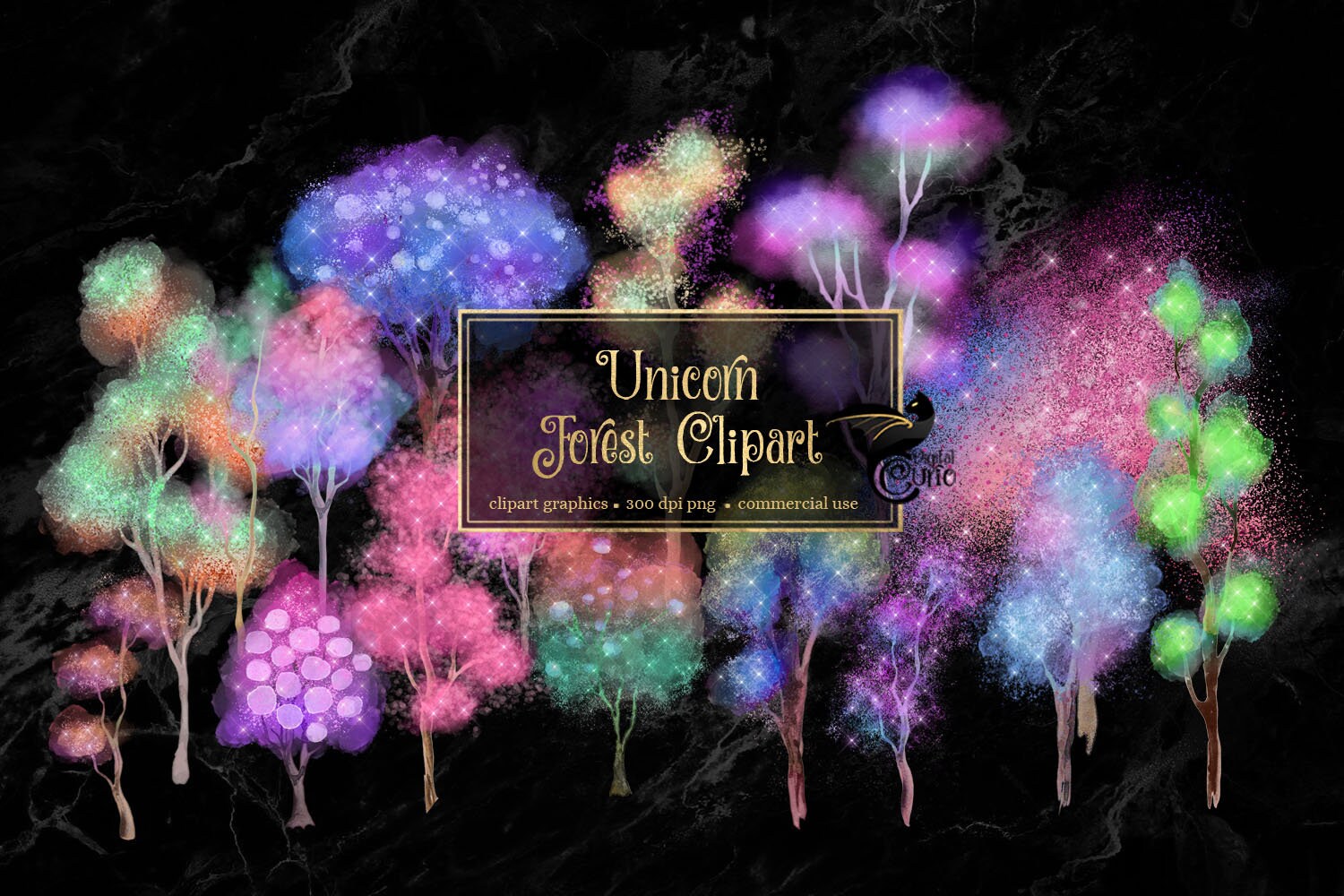 Unicorn Forest Trees Clip Art, Pastel Rainbow PNG graphics, magic spa…