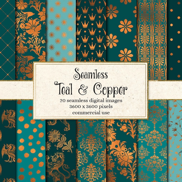 Teal and Copper Digital Paper, turquoise and copper bronze seamless patterns, copper foil printable scrapbook paper, copper backgrounds