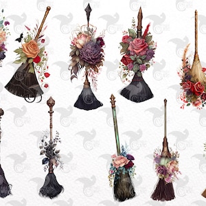 Watercolor Floral Brooms Clipart – Cottagecore Witch PNG (digital ...