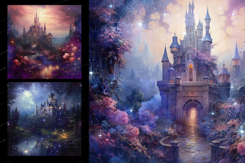 Starry Dark Castles Digital Paper, Floral Scrapbook Pages (digital ...