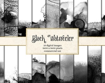 Black Watercolor Textures, Digital Paper Backgrounds (Digital Download)