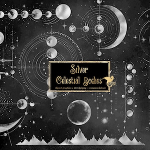 Silver Celestial Bodies, digital png clipart overlays, vintage star charts, antique science graphics commercial use
