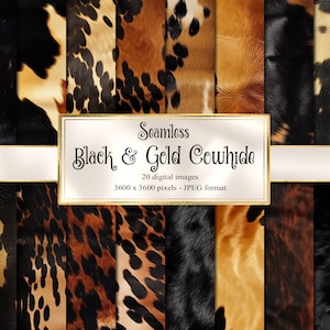 Black and Gold Cowhide Digital Paper, seamless leather textures digital paper, western backgrounds, commercial use instant download