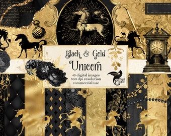 Black and Gold Unicorn clipart, digital scrapbooking kit, gold and black unicorn birthday clip art, digital paper, backgrounds, graphics