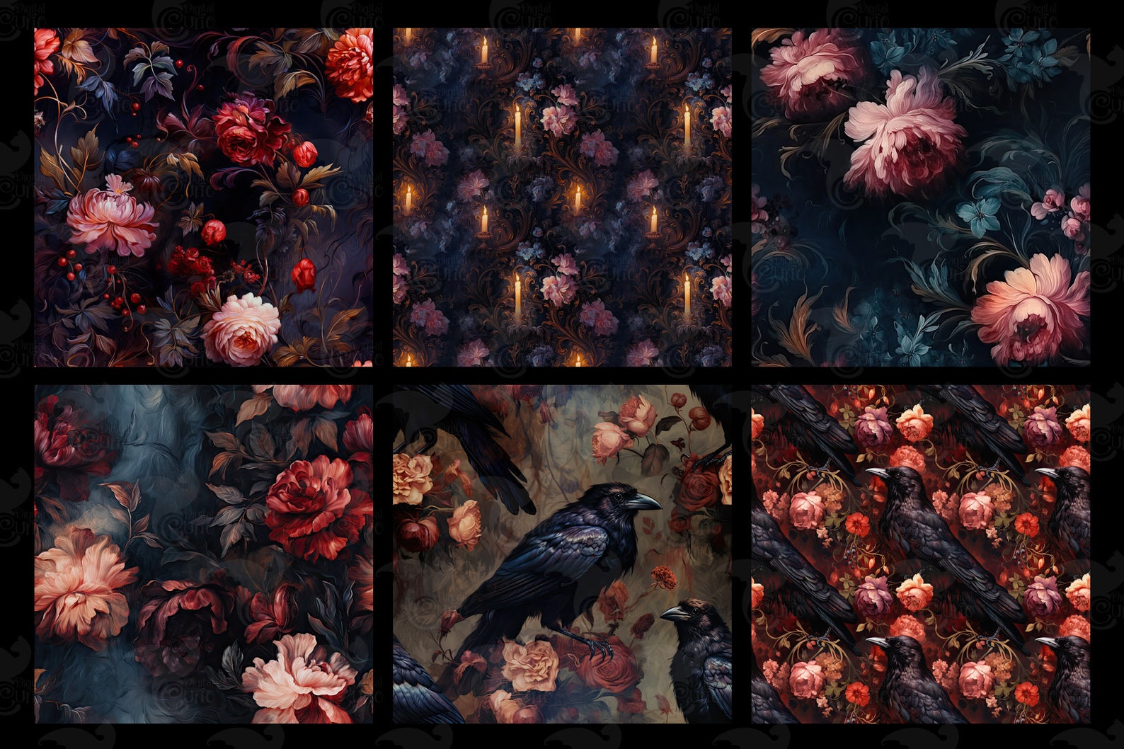 Gothic Rococo Digital Paper, Seamless Backgrounds Pattern Gothic Floral ...