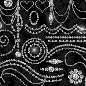 K&ouml;nnte beinhalten: Eine Auswahl an funkelnden Diamantschmuckelementen auf schwarzem Hintergrund mit floralem Muster. Die Designs umfassen Str&auml;nge, Wirbel und Blumenarrangements, alle mit einem schimmernden Effekt.