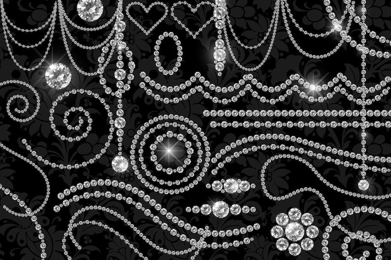 K&ouml;nnte beinhalten: Eine Auswahl an funkelnden Diamantschmuckelementen auf schwarzem Hintergrund mit floralem Muster. Die Designs umfassen Str&auml;nge, Wirbel und Blumenarrangements, alle mit einem schimmernden Effekt.