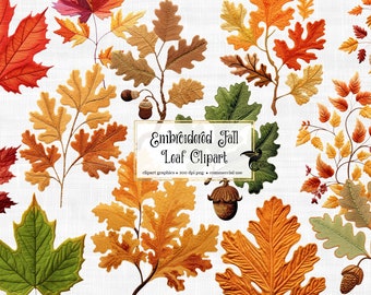 Embroidered Fall Leaf Clipart - autumn cute leaves PNG format instant download for commercial use