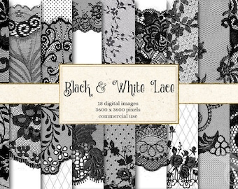 Black and White Lace Digital Paper, black and white scrapbook paper, wedding, printable lace papers, shabby backgrounds