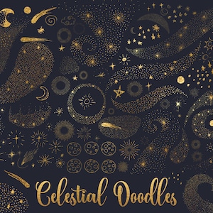 Celestial Doodles Clipart, lua e estrelas esboçadas à mão digital, céu noturno galáxia doodle stardust clip art png folha de ouro preto e branco