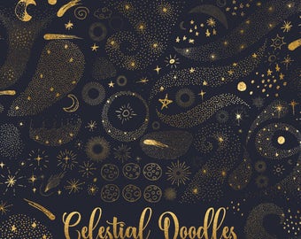 Celestial Doodles Clipart, digital hand drawn sketched moon and stars, night sky galaxy doodle stardust clip art png gold foil black & white