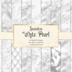 Papel digital pérola branca, fundos de pérolas sem costura com texturas de padrão de pérolas de luxo em seda e folha, download instantâneo para uso comercial