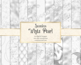 Könnte beinhalten: Ein Set mit 26 digitalen nahtlosen Mustern mit weißen Perlen-Designs. Die Muster umfassen Damast-, Stepp- und Satin-Texturen. Der Text "Seamless White Pearl" wird auf einem goldenen Banner angezeigt.