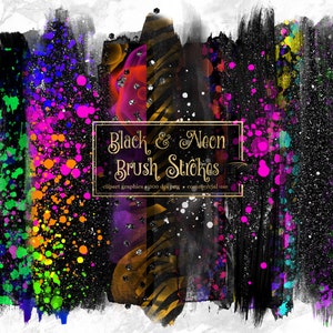 May include: Black and neon brush strokes digital clipart graphics. The image features a variety of black and neon brush strokes with glitter and splatters.