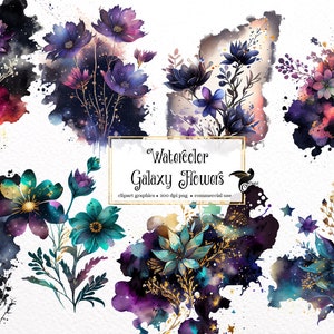 Clipart de flores de galáxia em aquarela - download instantâneo em formato PNG de fantasia celestial para uso comercial