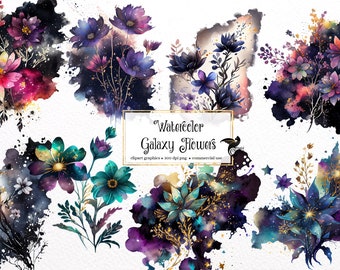 Watercolor Galaxy Flowers Clipart - celestial fantasy PNG format instant download for commercial use