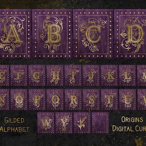 Violet doré Alphabet Clipart, clipart décoratif monogramme Antique, ornement gothique vintage or ornement graphique alphabet téléchargement