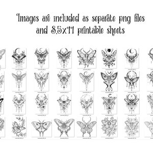 May include: A set of 36 black and white printable illustrations of moths and butterflies. Each illustration features a different design with intricate details. The illustrations are perfect for crafting, scrapbooking, or adding a touch of whimsy to any project.