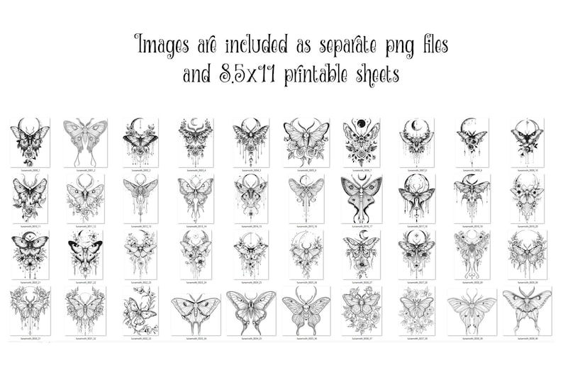 May include: A set of 36 black and white printable illustrations of moths and butterflies. Each illustration features a different design with intricate details. The illustrations are perfect for crafting, scrapbooking, or adding a touch of whimsy to any project.