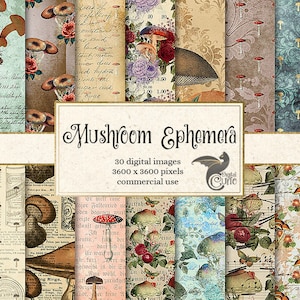 Mushroom Ephemera Digital Paper, texture vintage, vecchio decoupage bosco antico in difficoltà stampabile grunge, sfondi scrapbooking