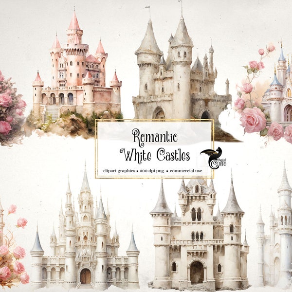 Romantische witte kastelen Clip Art - digitale fantasy sprookjeskasteel clipart in png-formaat, direct downloaden voor commercieel gebruik