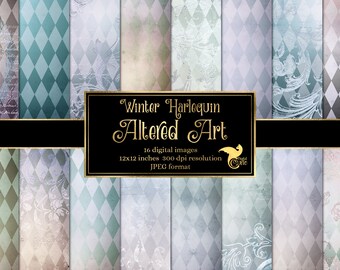 Winter Harlequin Digital Paper, Vintage Grunge Scrapbook Backgrounds (Digital Download)