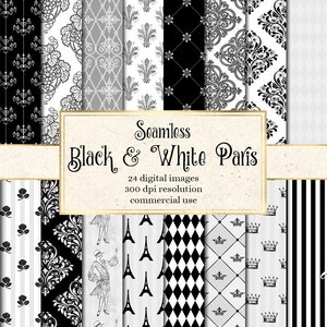 Black and White Paris Digital Paper, seamless French patterns, with Eiffel towers and fleur de lis printable scrapbook paper commercial use