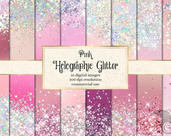 Pink Holographic Glitter Digital Paper, printable scrapbook paper with holo iridescent textures instant download for commercial use