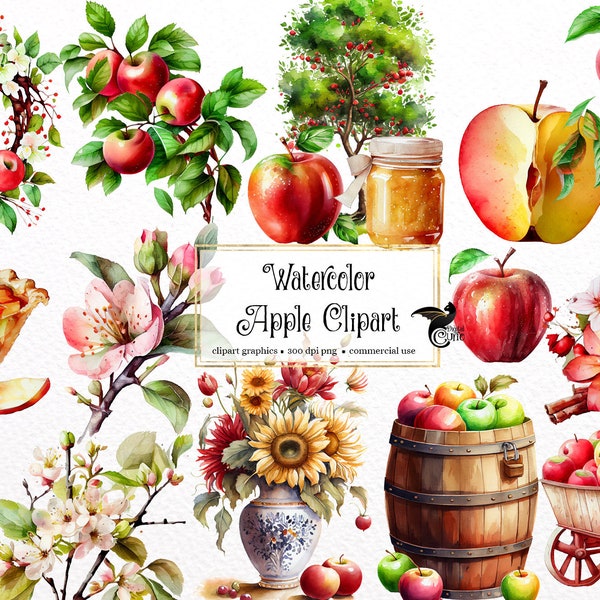 Watercolor Apples Clipart - digital png apple harvest graphics for instant download commercial use