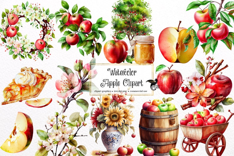 May include: Watercolor illustrations of apples, apple blossoms, apple pie, a jar of apple butter, a barrel of apples, and a wagon full of apples. The text "Watercolor Apple Clipart" is included in the image.