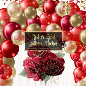 Red and Gold Balloon Arch Clipart, balloon png digital overlays with ribbons and confetti instant download commercial use