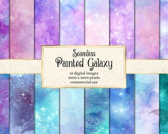 Painted Galaxy Digital Paper, seamless watercolor starry night backgrounds printable night sky nebula scrapbook paper textures