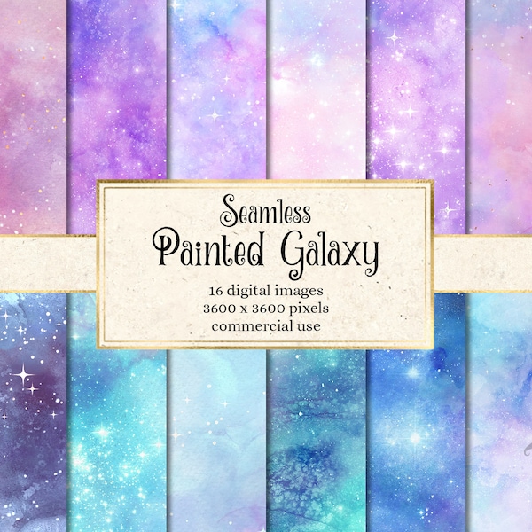 Painted Galaxy Digital Paper, seamless watercolor starry night backgrounds printable night sky nebula scrapbook paper textures