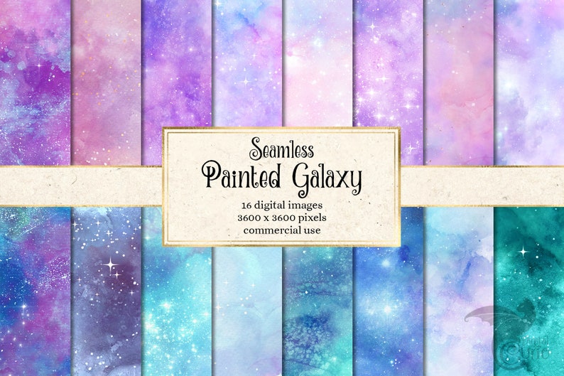 Painted Galaxy Digital Paper, seamless watercolor starry night backgrounds printable night sky nebula scrapbook paper textures image 1