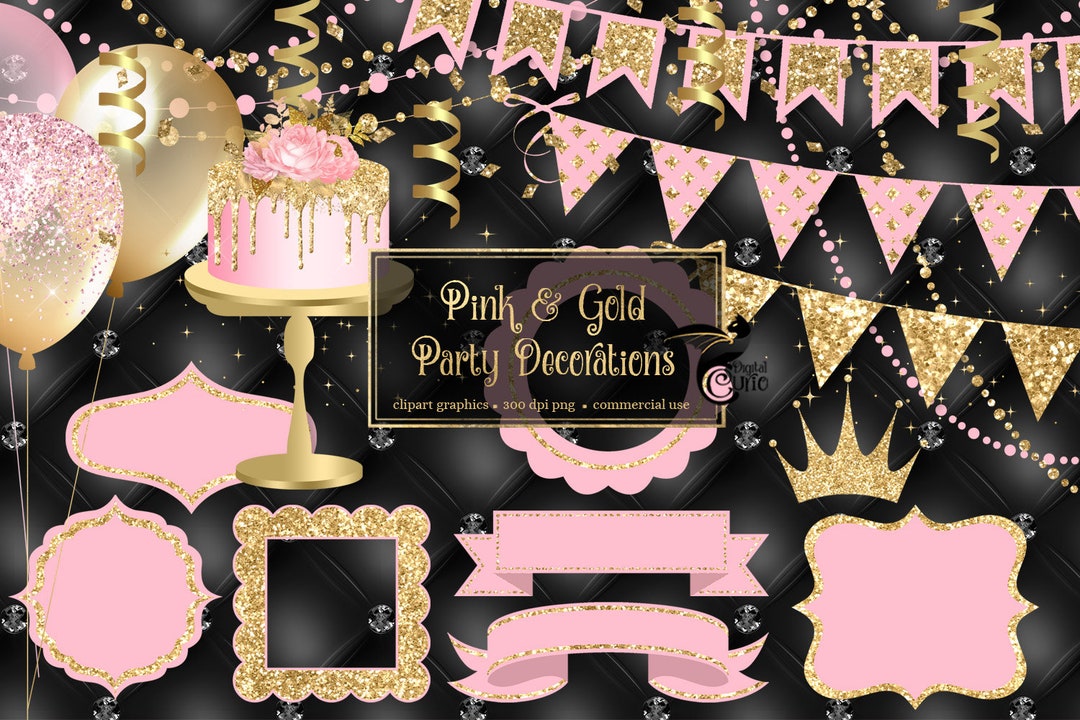 Pink and Gold Party Decorations Clip Art With Frames and 