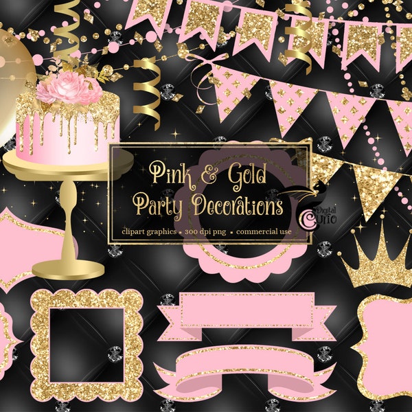 Pink en Gold Party Decorations Clip Art met frames en banners voor meisjesverjaardagen of babyborrels instant download commercieel gebruik