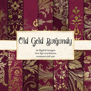 Old Gold Burgundy Digital Paper, sierlijke achtergronden met barokke bloeit in decoratief goud instant download afdrukbaar papier